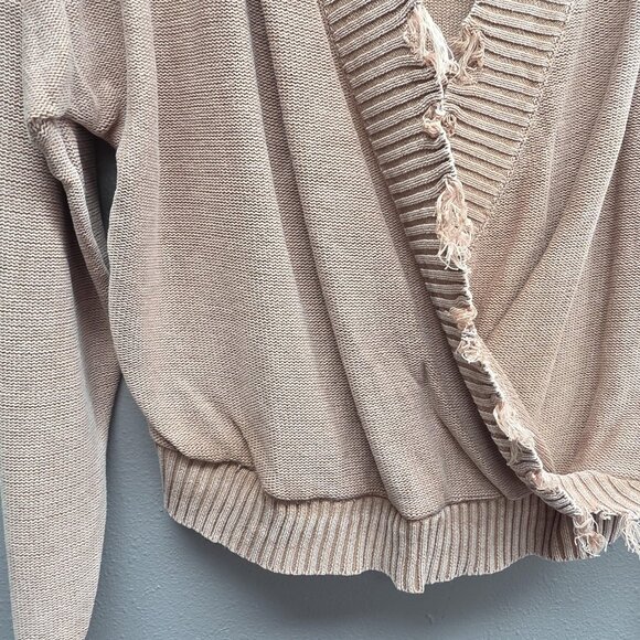 CBRAND Sweater Womens Large Tan Distressed Surplice V Neck Long Sleeve Pullover - Picture 4 of 10